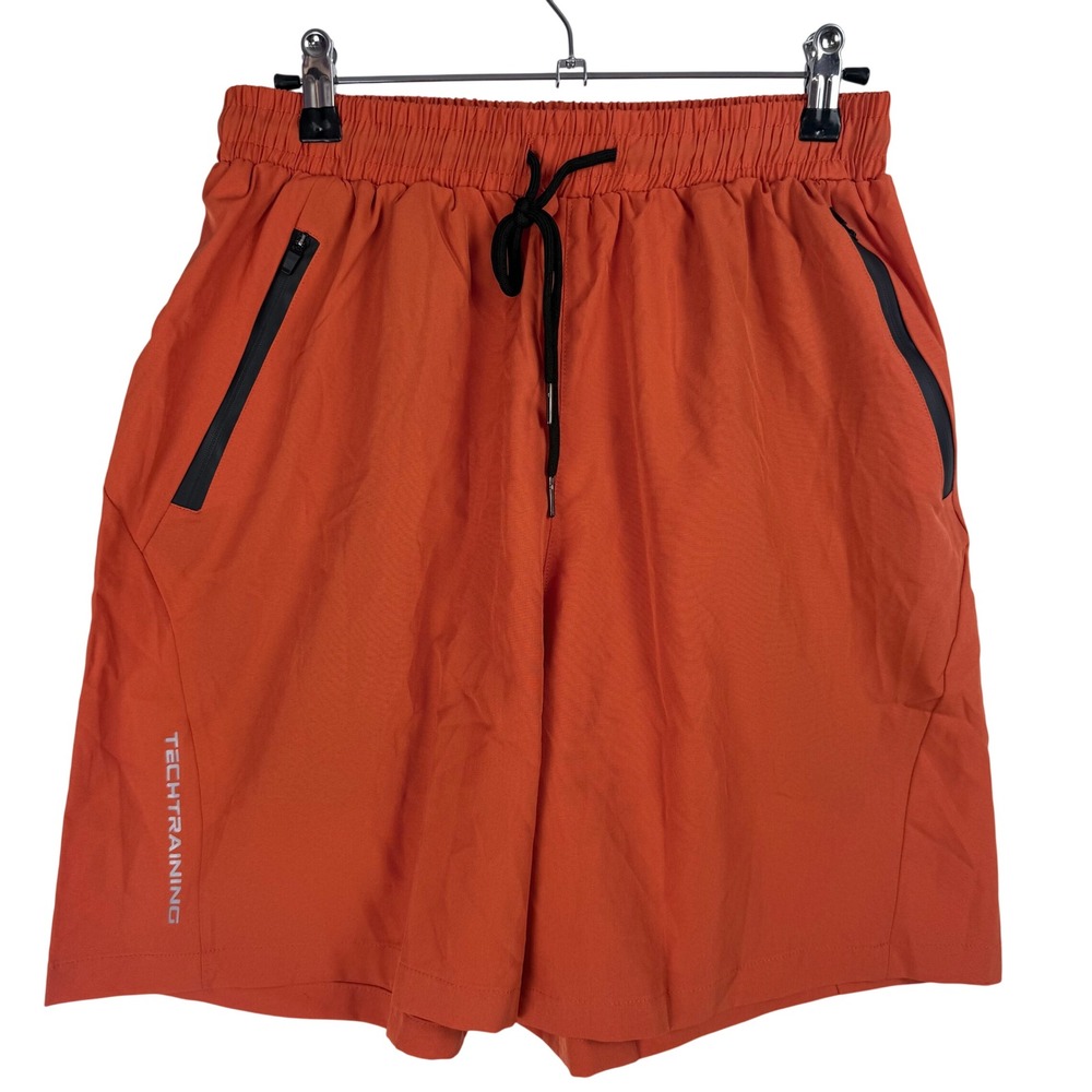 TECHTRAINING Men's Athletic‎ Shorts Orange Zip Pockets Drawstring Waist Size S